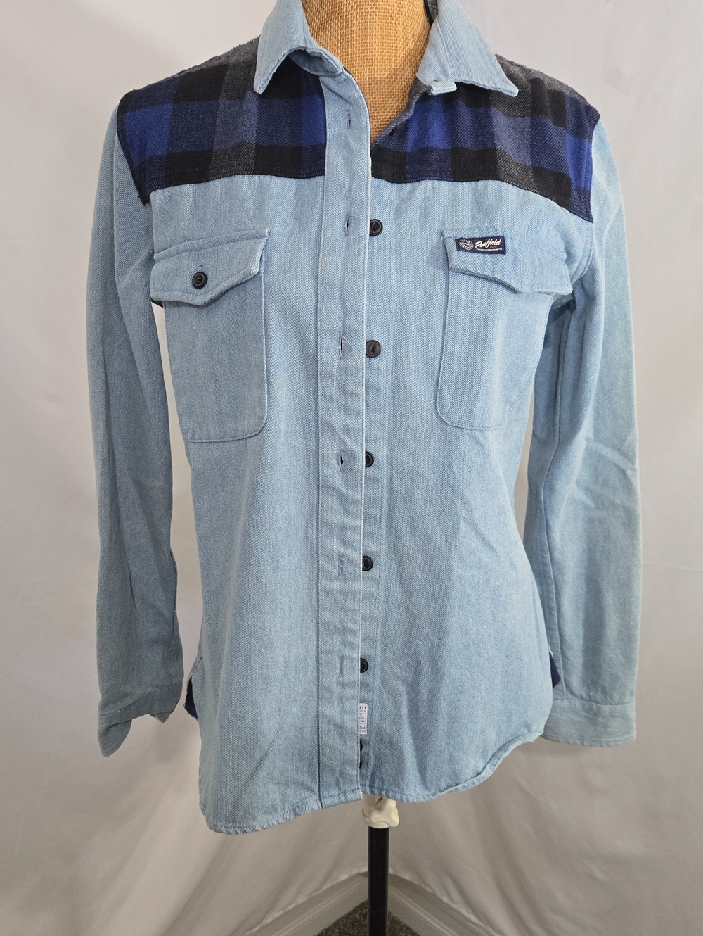 Light Blue Denim Work Shirt with Navy Plaid Yoke